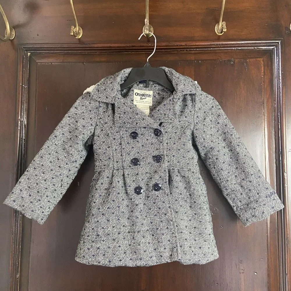 Osh Kosh B'gosh Gray Dress Polka Dot Pea Coat Girls Sz 4 Faux Sherpa Lined Hood